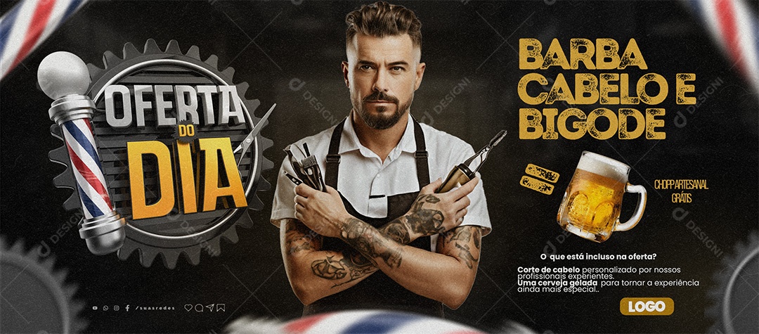Banner Oferta Do Dia Barbearia Barba Cabelo e Bigode Chopp Artesanal Grátis Social Media PSD Editável