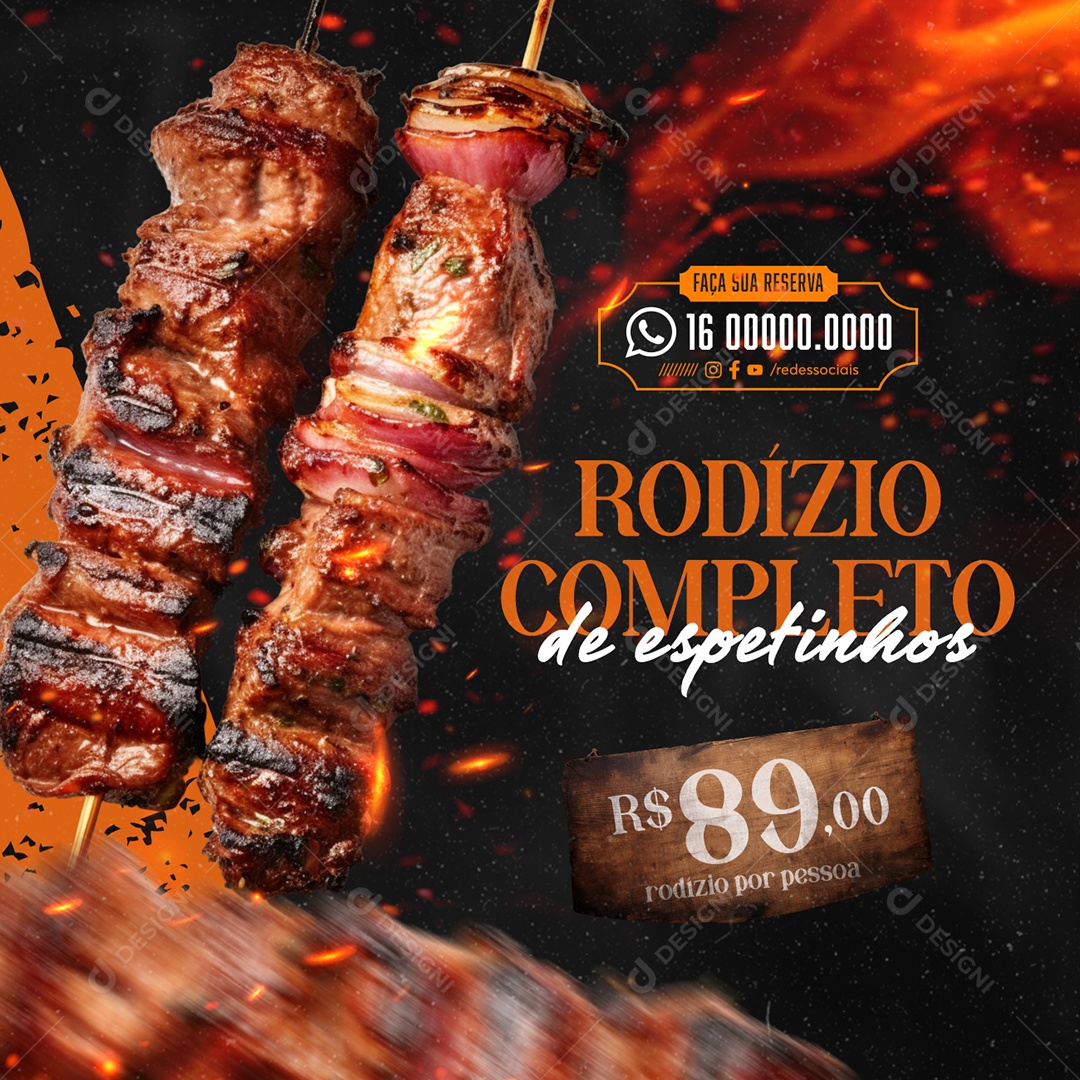 Churrascaria Rodízio Completo de espetinhos Faça sua Reserva Social Media PSD Editável
