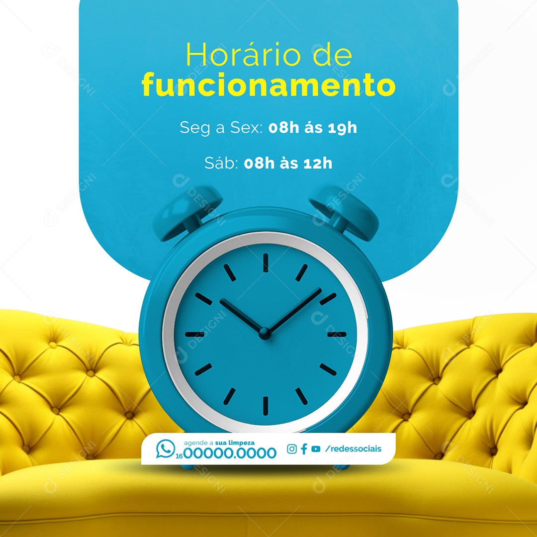 Lavagem e Higienização de Bancos e Sofás Horário de funcionamento Social Media PSD Editável