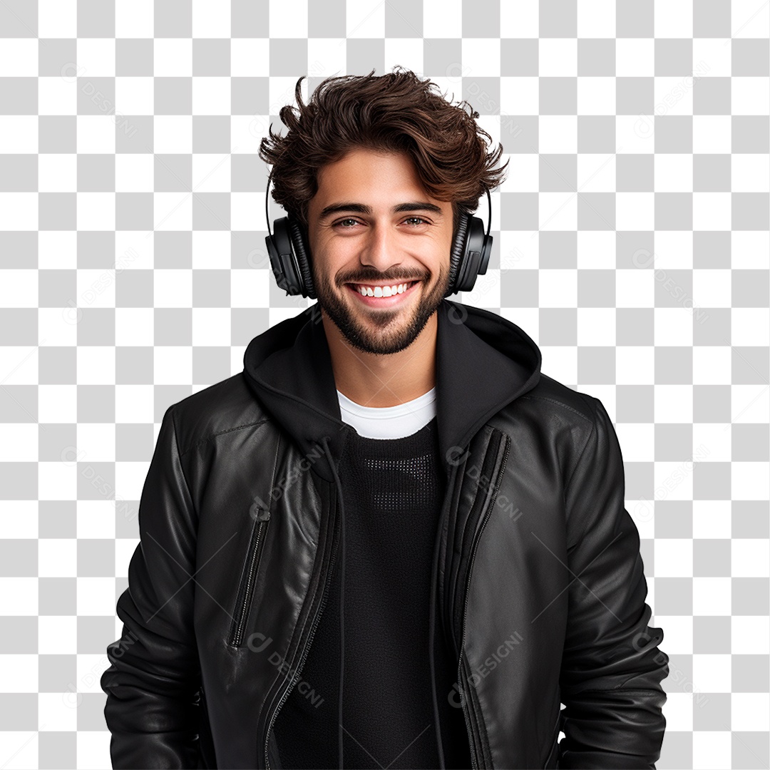 Homem de Jaqueta Preta Ouvindo Musicas em Seu Fone PNG Transparente