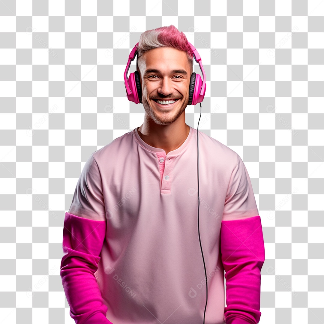 Homem de Camisa Rosa Com Fone de Ouvido PNG Transparente