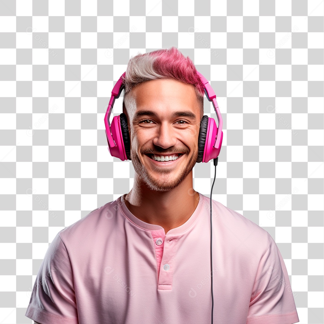 Homem de Camisa Rosa Com Fone de Ouvido PNG Transparente