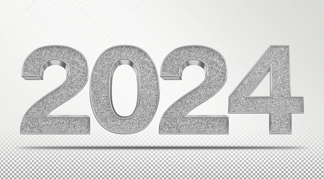 Ano Novo 2024 Prata e Glitter Número 3D para Composição PSD