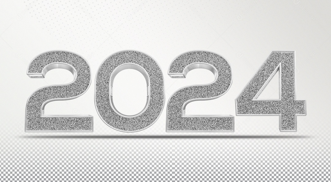 Número 3D 2024 Ano Novo Prata e Glitter para Composição PSD
