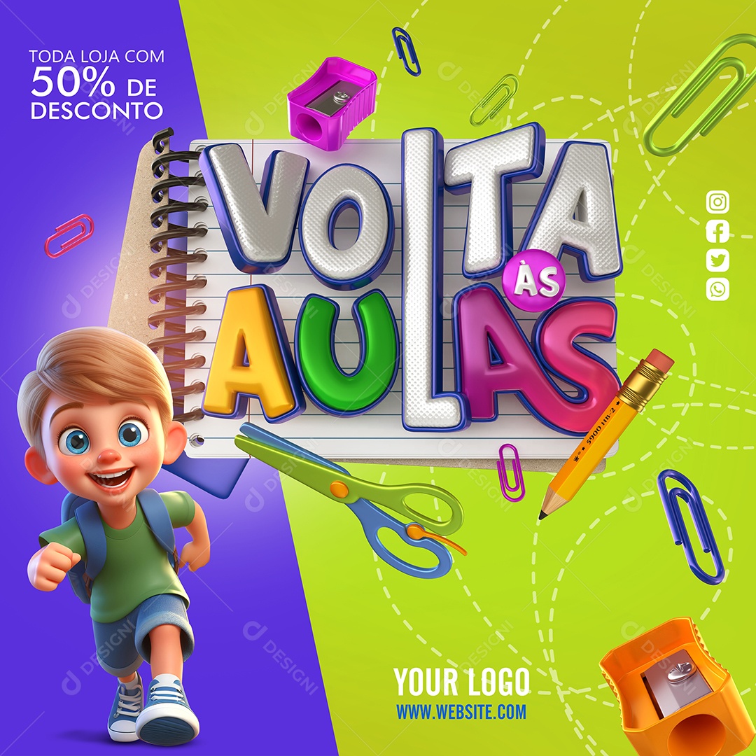 Volta às Aulas Papelaria Toda Loja com 50% De Desconto Social Media PSD Editável