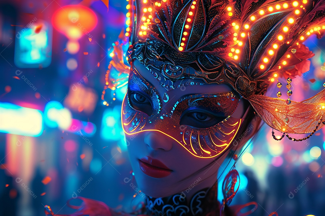 Mulher asiatica com máscara para o carnaval