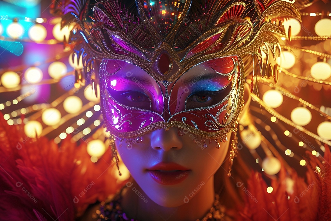 Uma linda mulher asiatica com máscara para o carnaval