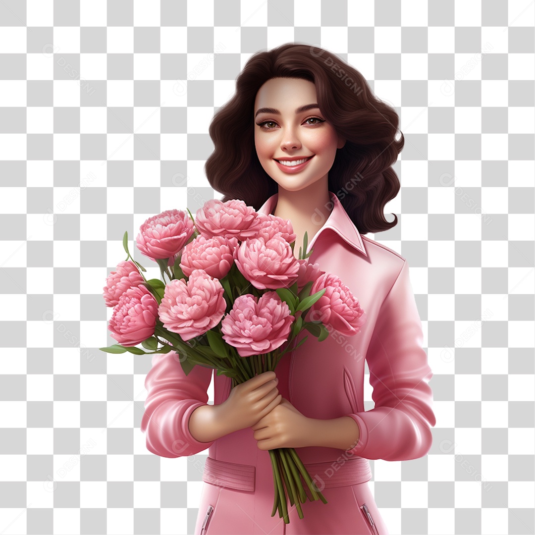 Mulher com Roupa Rosa Segurando um Buquê PNG Transparente