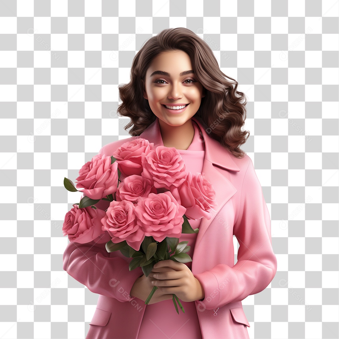 Mulher com Roupa Rosa Segurando um Buquê PNG Transparente