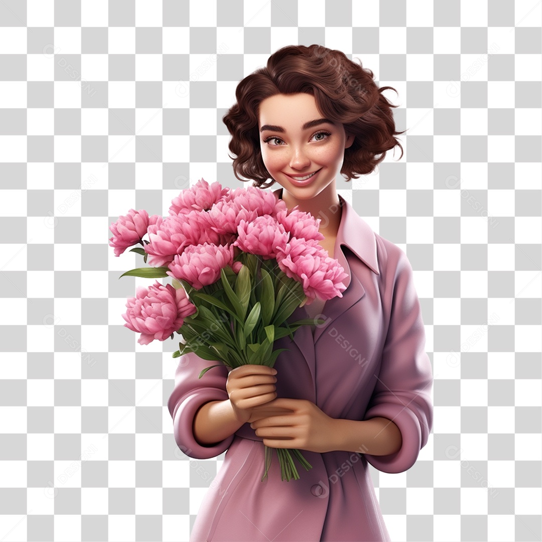 Mulher com Roupa Rosa Segurando um Buquê PNG Transparente