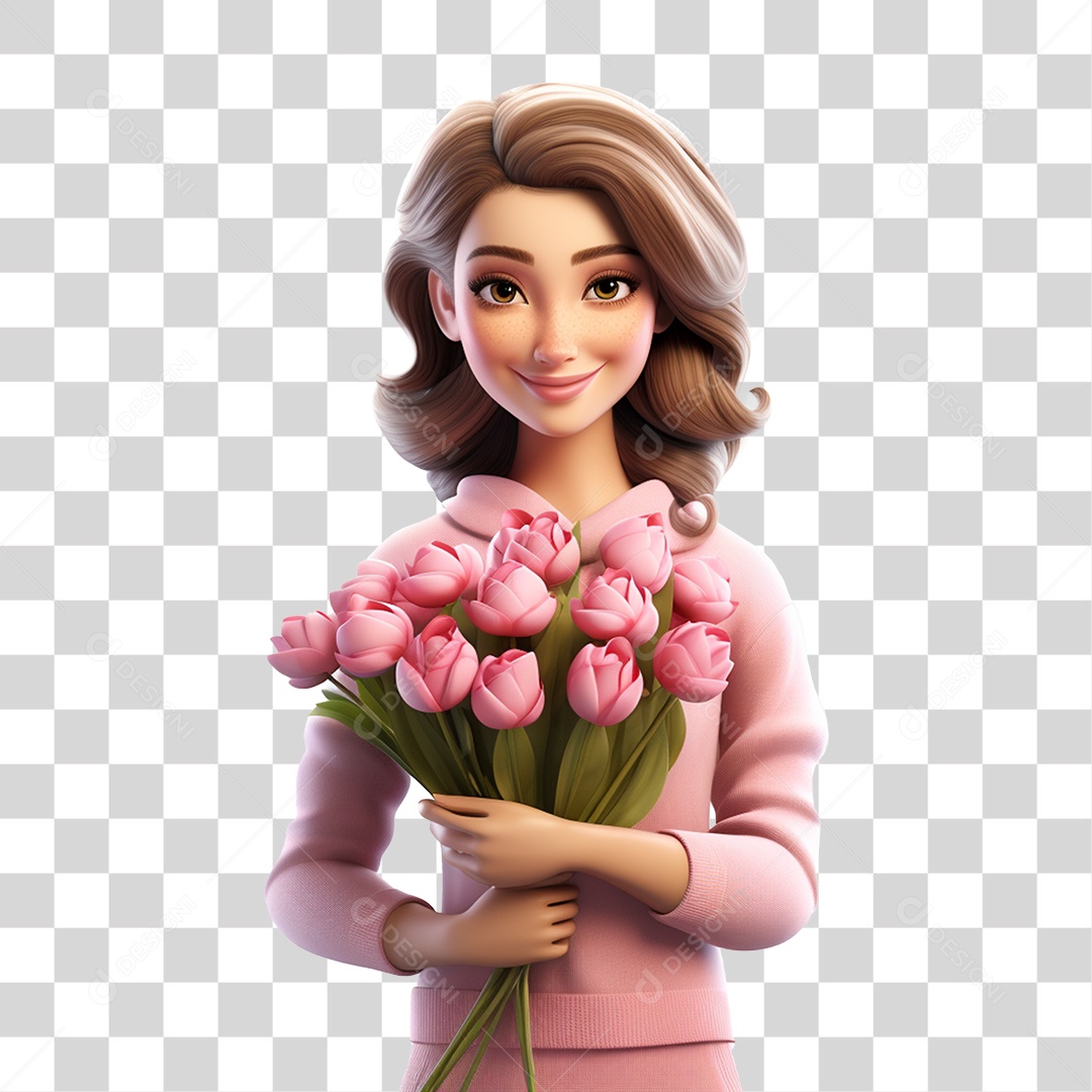 Mulher com Roupa Rosa Segurando um Buquê PNG Transparente