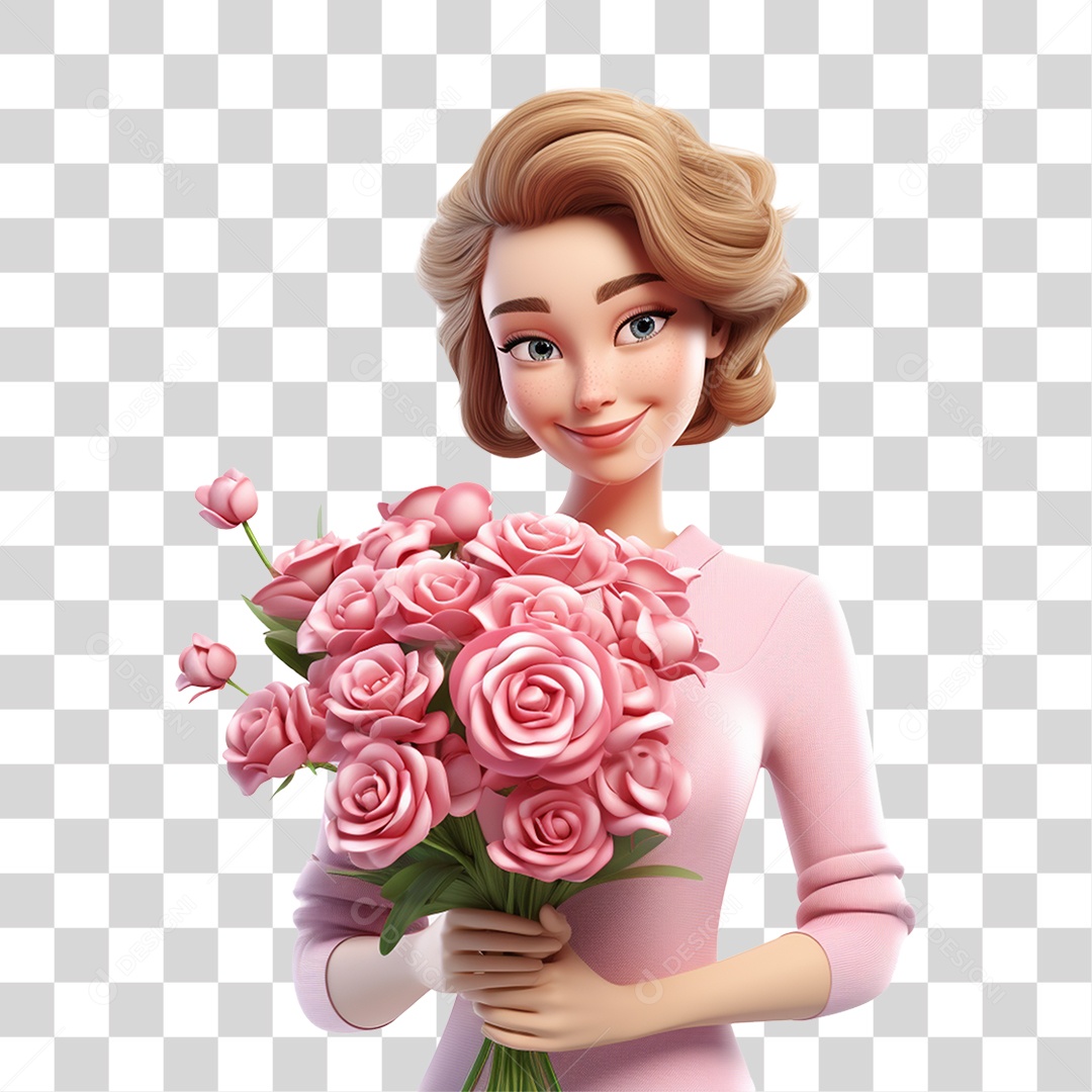 Mulher com Roupa Rosa Segurando um Buquê PNG Transparente