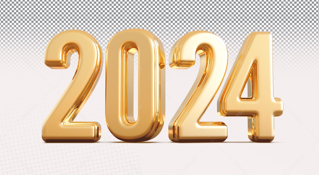 Ano Novo 2024 Dourado Número 3D para Composição PSD