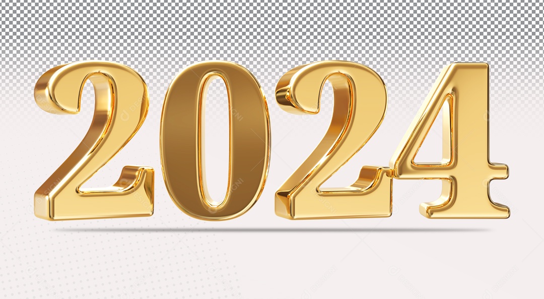 Número 2024 Dourado de Ano Novo Elemento 3D para Composição PSD