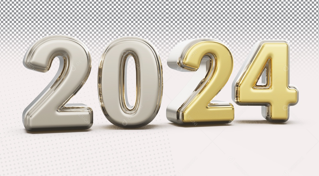 Número 3D 2024 Ano Novo Prata Dourado para Composição PSD