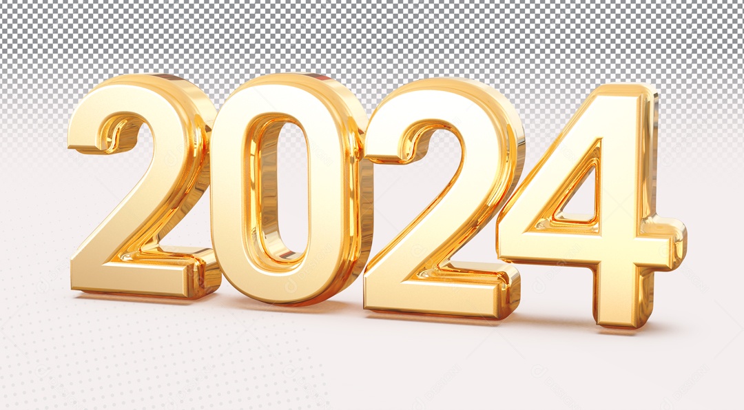 Número 2024 Dourado de Ano Novo Elemento 3D para Composição PSD