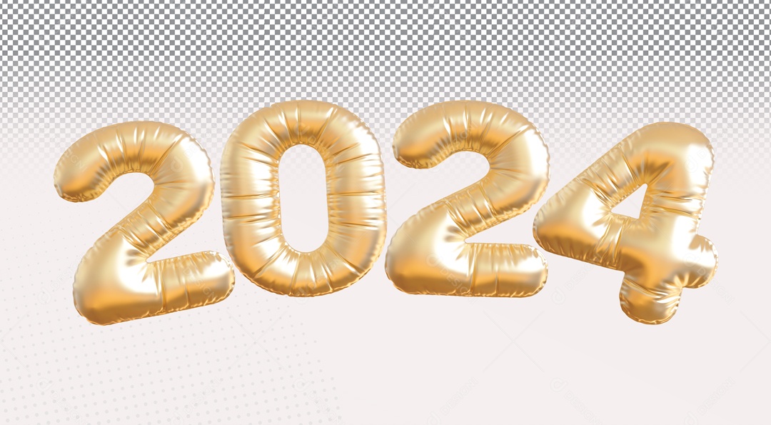 Ano Novo Balão 2024 Elemento 3D Dourado para Composição PSD