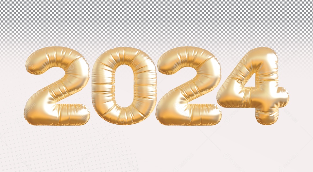 Balão 2024 Ano Novo Elemento 3D Dourado para Composição PSD