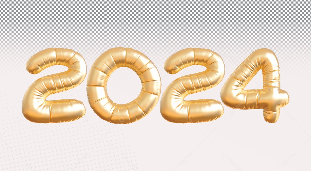 Balão 2024 de Ano Novo Elemento 3D Dourado para Composição PSD