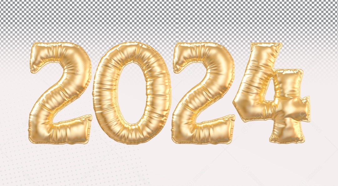 Ano Novo Balão 2024 Elemento 3D Dourado para Composição PSD
