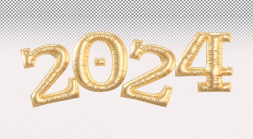 Balão 2024 Ano Novo Elemento 3D Dourado para Composição PSD