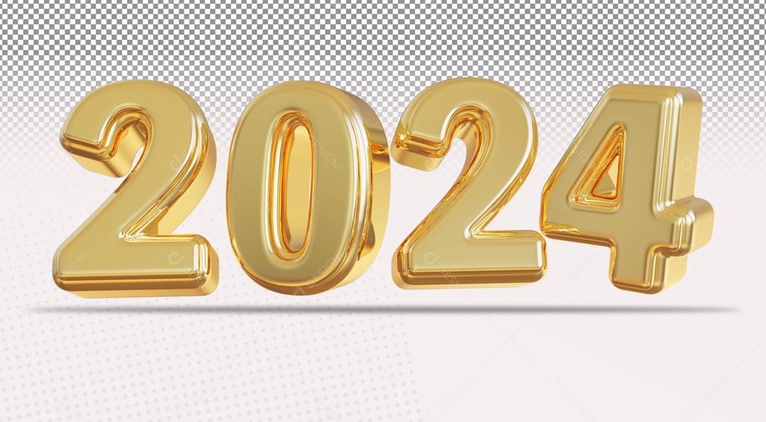 Ano Novo 2024 Número 3D Dourado para Composição PSD