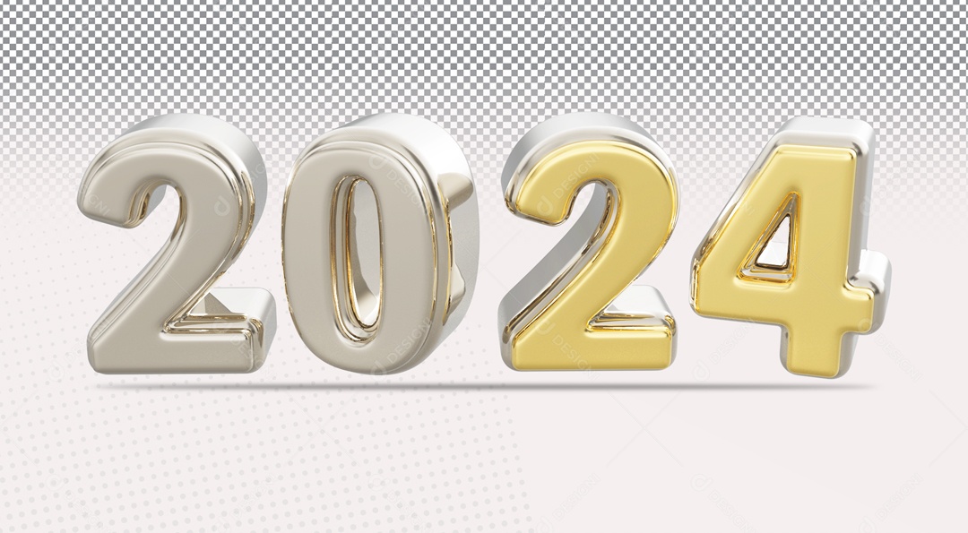 Ano Novo 2024 Número 3D Prata Dourado para Composição PSD