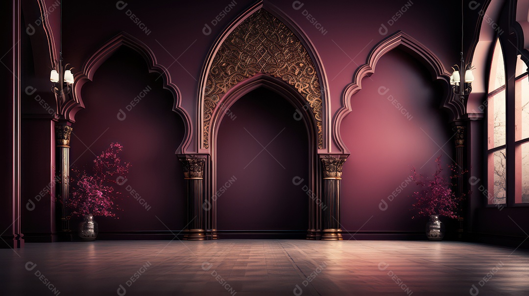 Arquitetura islâmica porta de fundo lilás com vasos nas proximidades.