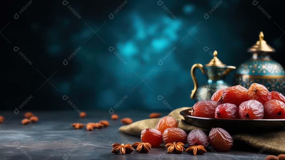 Tâmaras sobre uma prato posto a mesa para a festa muçulmana.