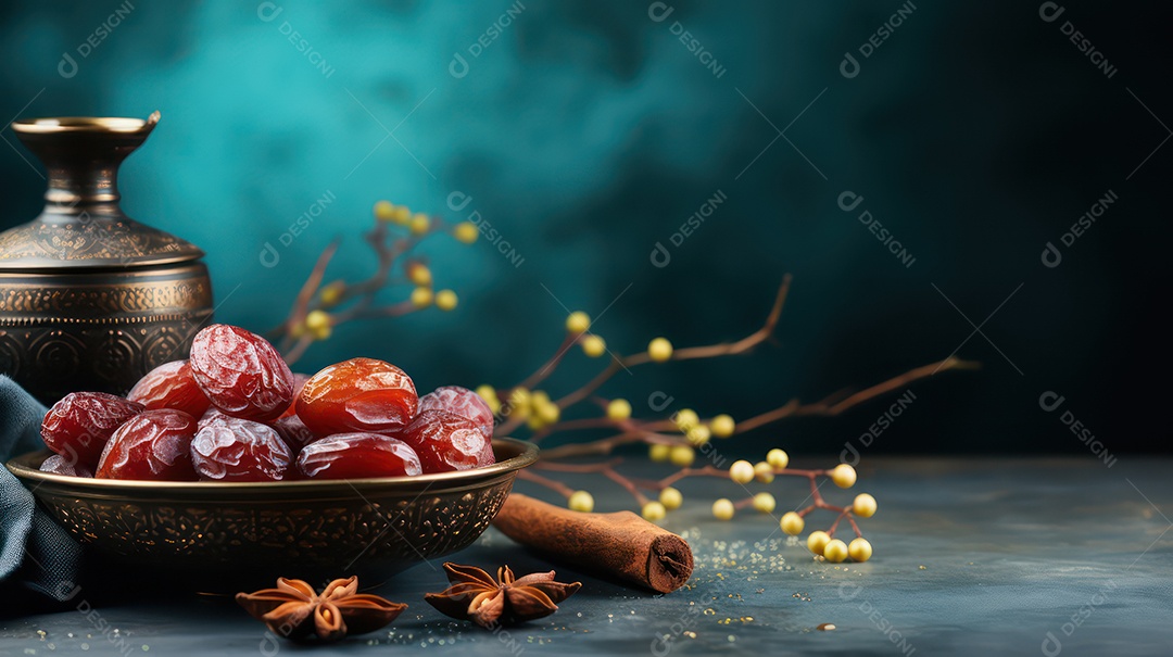 Tâmaras sobre uma prato posto a mesa para a festa muçulmana.