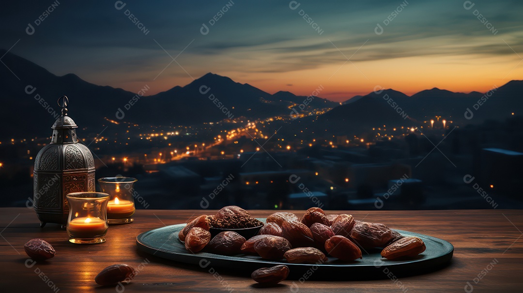 Tâmaras sobre uma prato posto a mesa para a festa muçulmana.