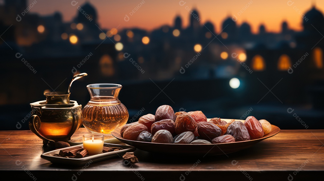 Tâmaras sobre uma prato posto a mesa para a festa muçulmana.