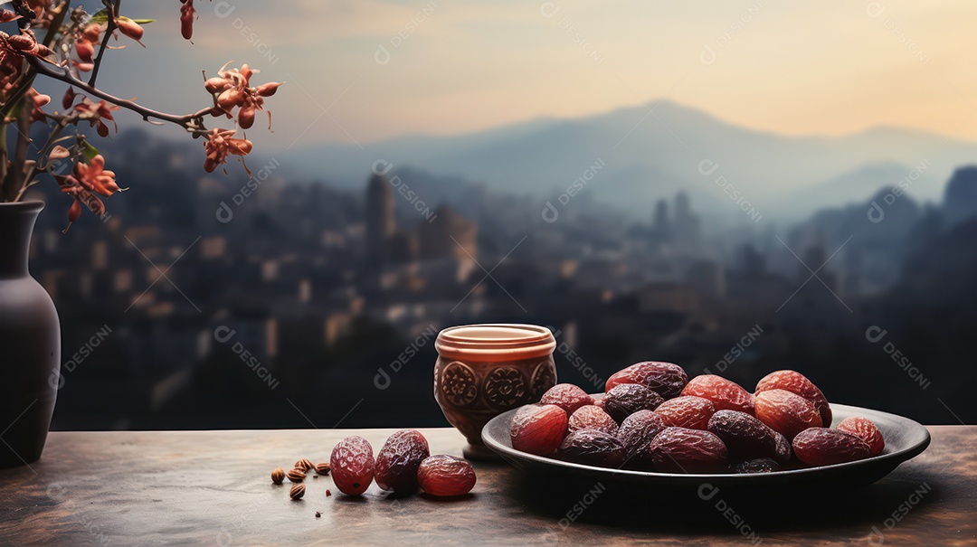 Tâmaras sobre uma prato posto a mesa para a festa muçulmana.