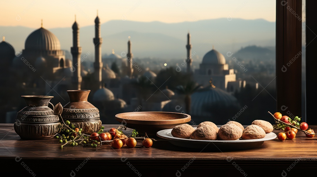 Mesa com decoração para a festa muçulmana com vista para a mesquita.