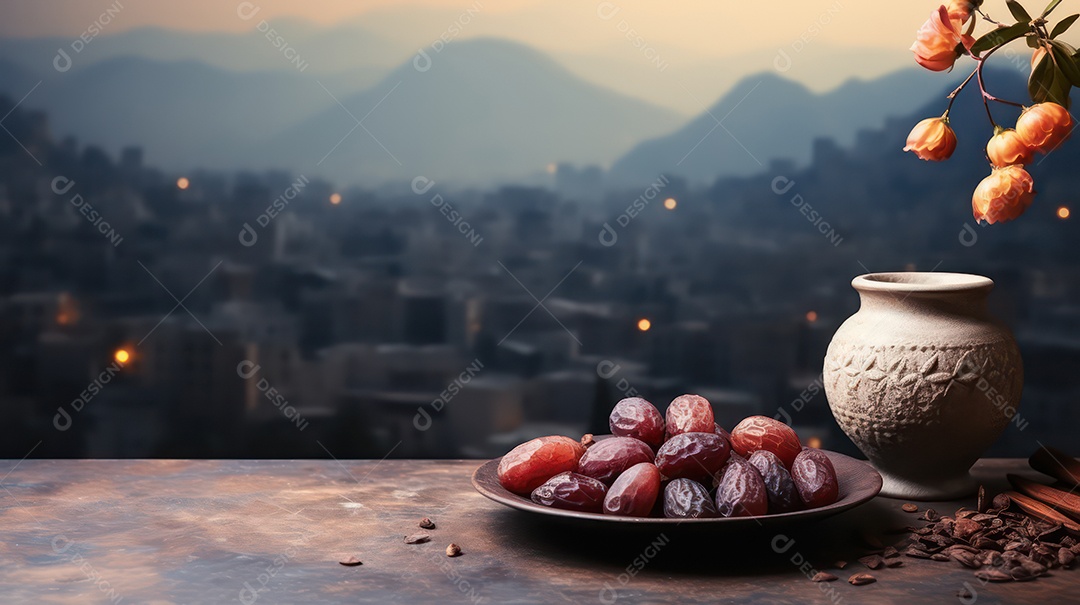 Tâmaras  secas à mesa  para a festa muçulmana com vista para a mesquita.