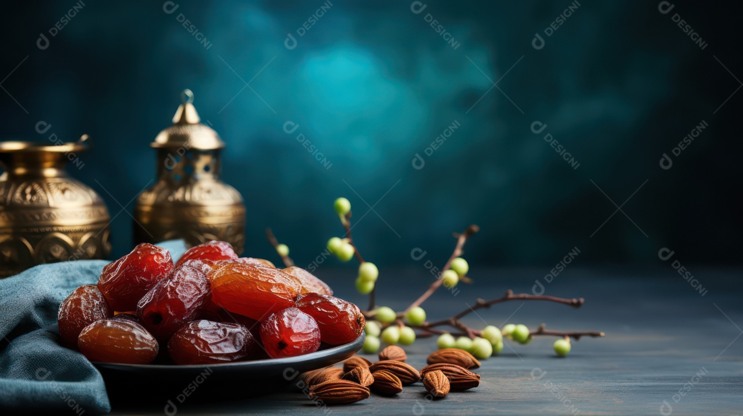 Tâmaras sobre uma prato posto a mesa para a festa muçulmana.