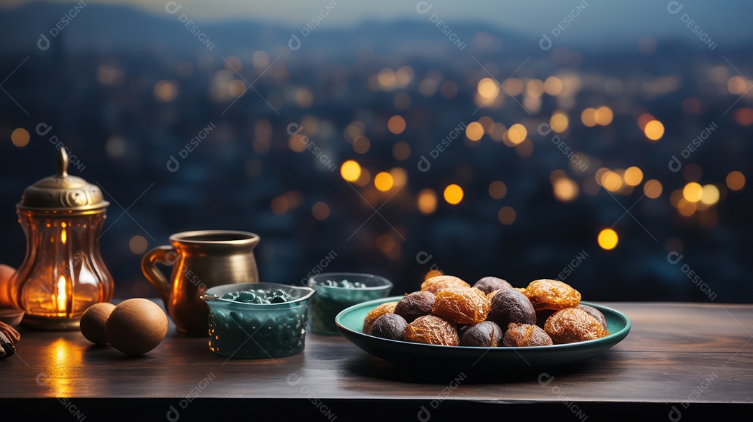 Tâmaras sobre uma prato posto a mesa para a festa muçulmana.