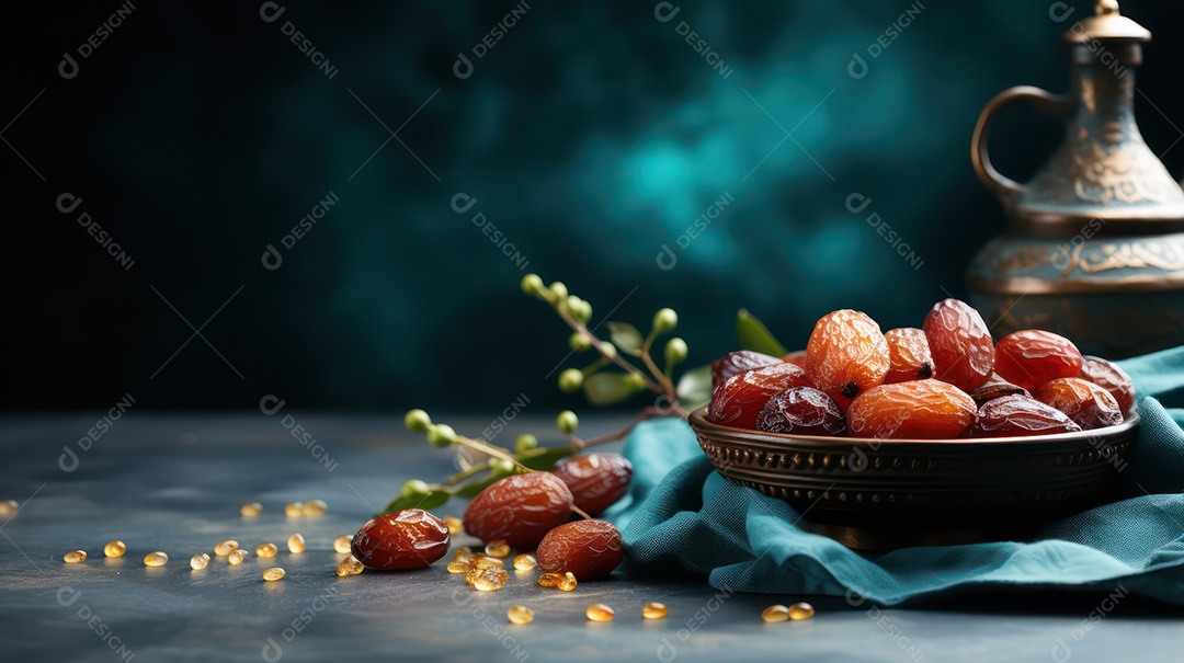 Tâmaras sobre uma prato posto a mesa decorada para a festa muçulmana.