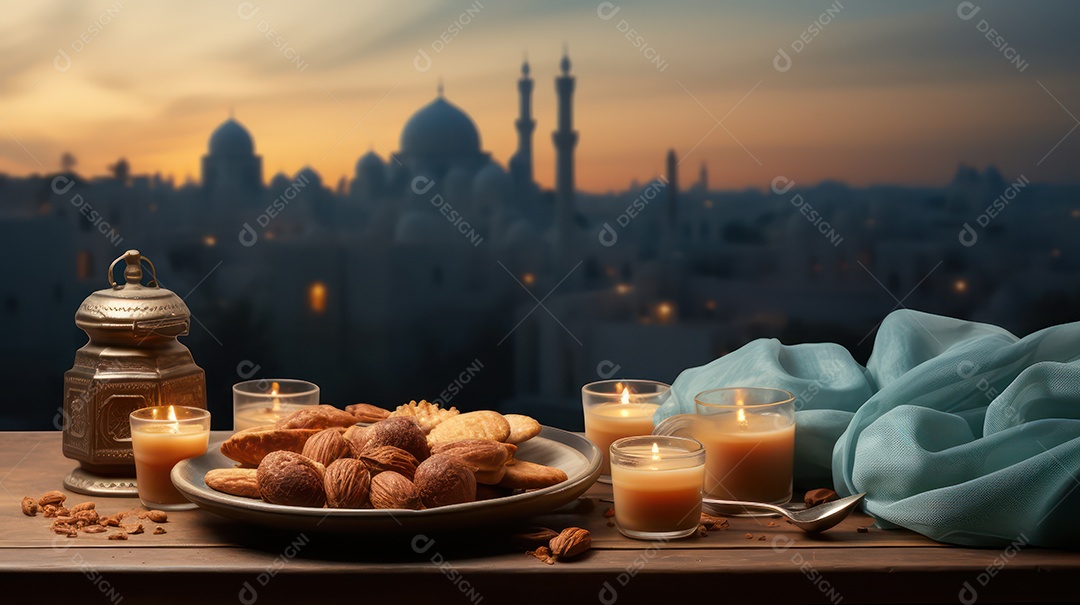 Mesa com decoração para a festa muçulmana com vista para a mesquita.