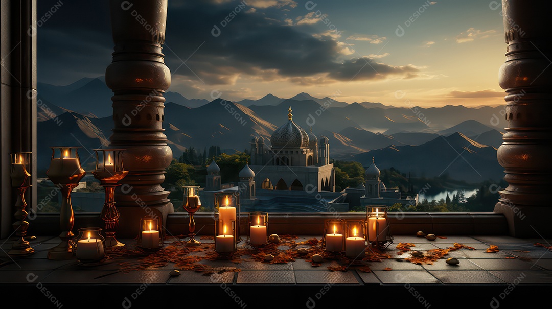 Mesa com decoração para a festa muçulmana com vista para a mesquita.