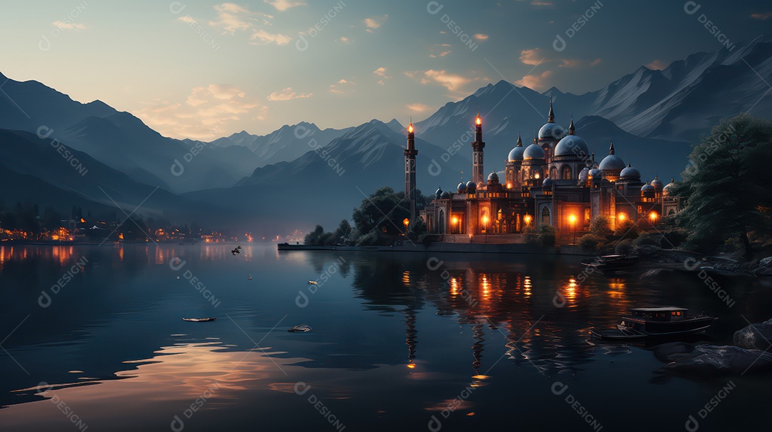 Paisagem de uma lago com vista para a mesquita.