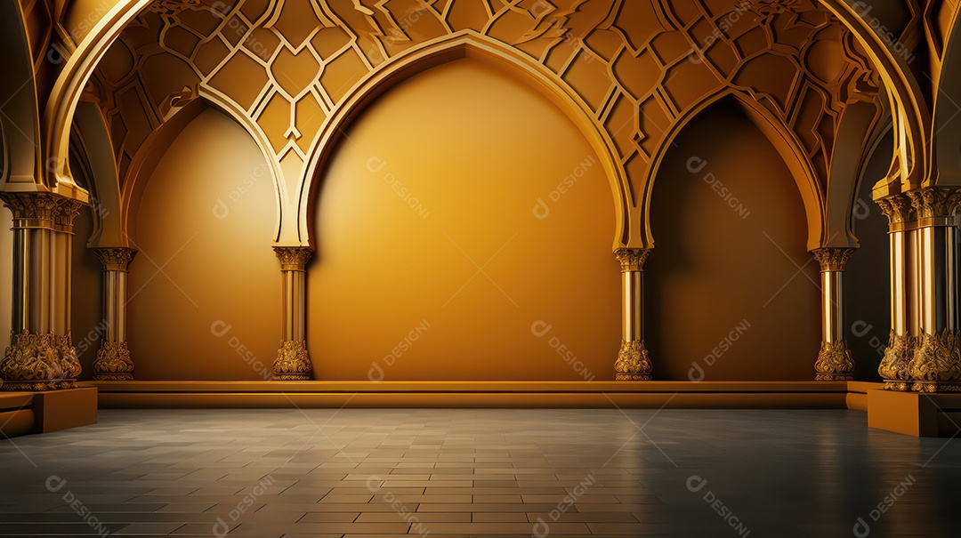 Pódio amarelo profundo com elementos bege em estilo minimalista árabe.