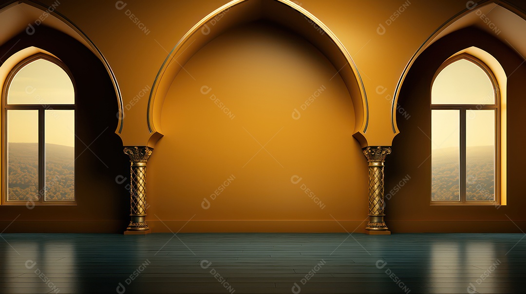 Pódio amarelo profundo com elementos bege em estilo minimalista árabe.