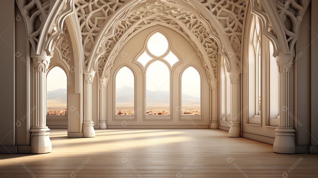 Salão de banquetes vazio com piso em parquet e grandes janelas.