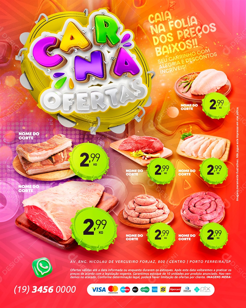 Tabloide Carnaval Ofertas Açougue Caia na Folia Carnes Linguiça Peito de Frango Social Media PSD Editável