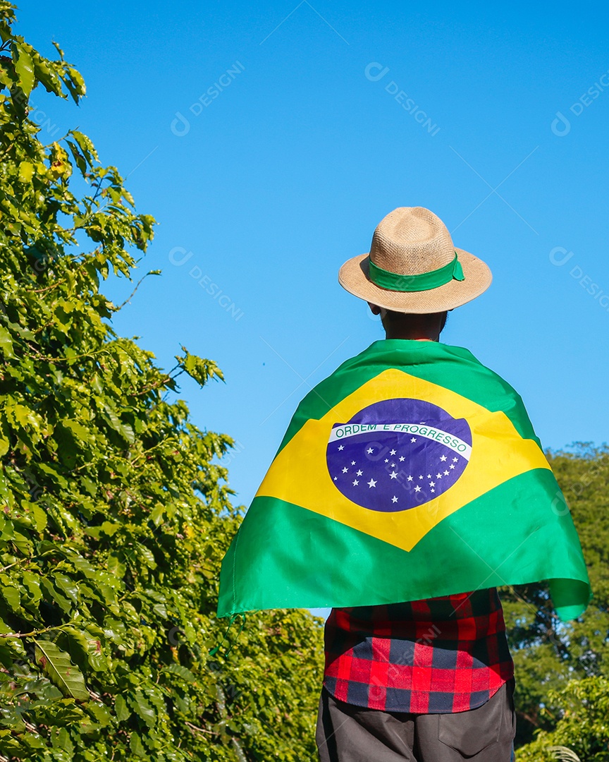 Agricultor em plantação de café segurando uma bandeira brasileira