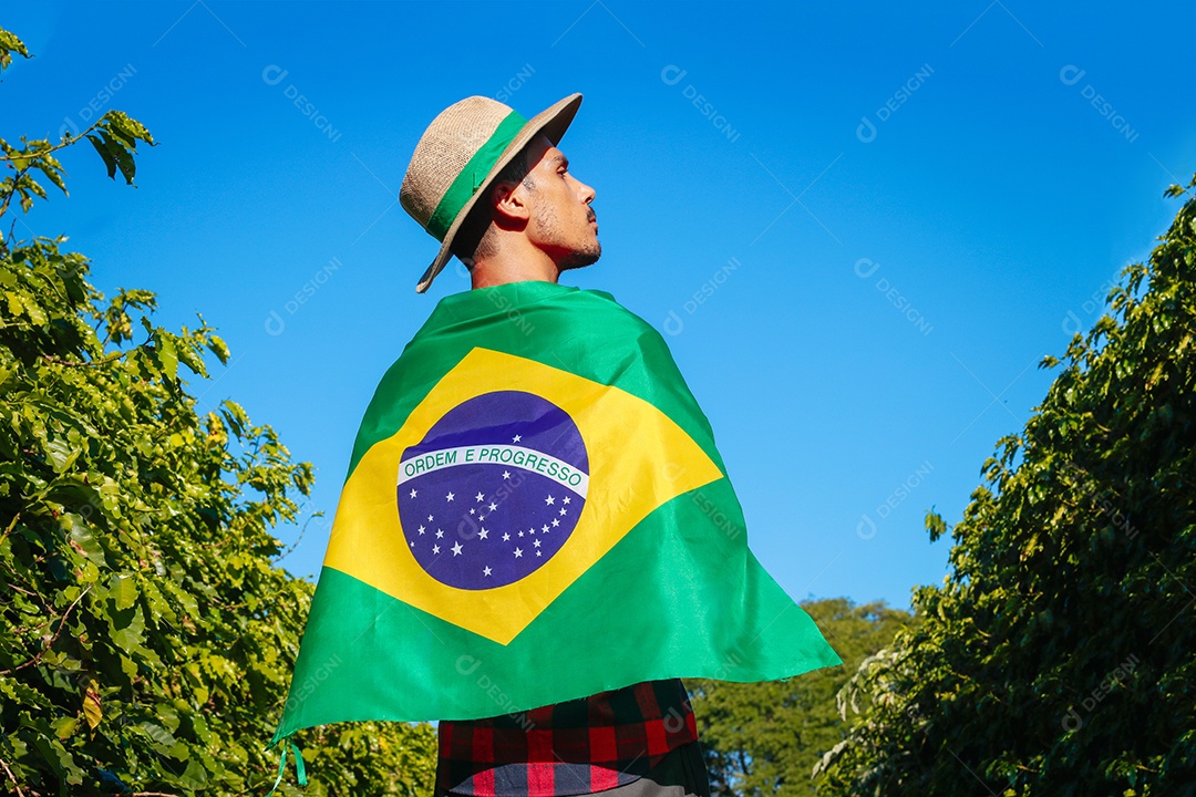 Agricultor em plantação de café segurando uma bandeira brasileira