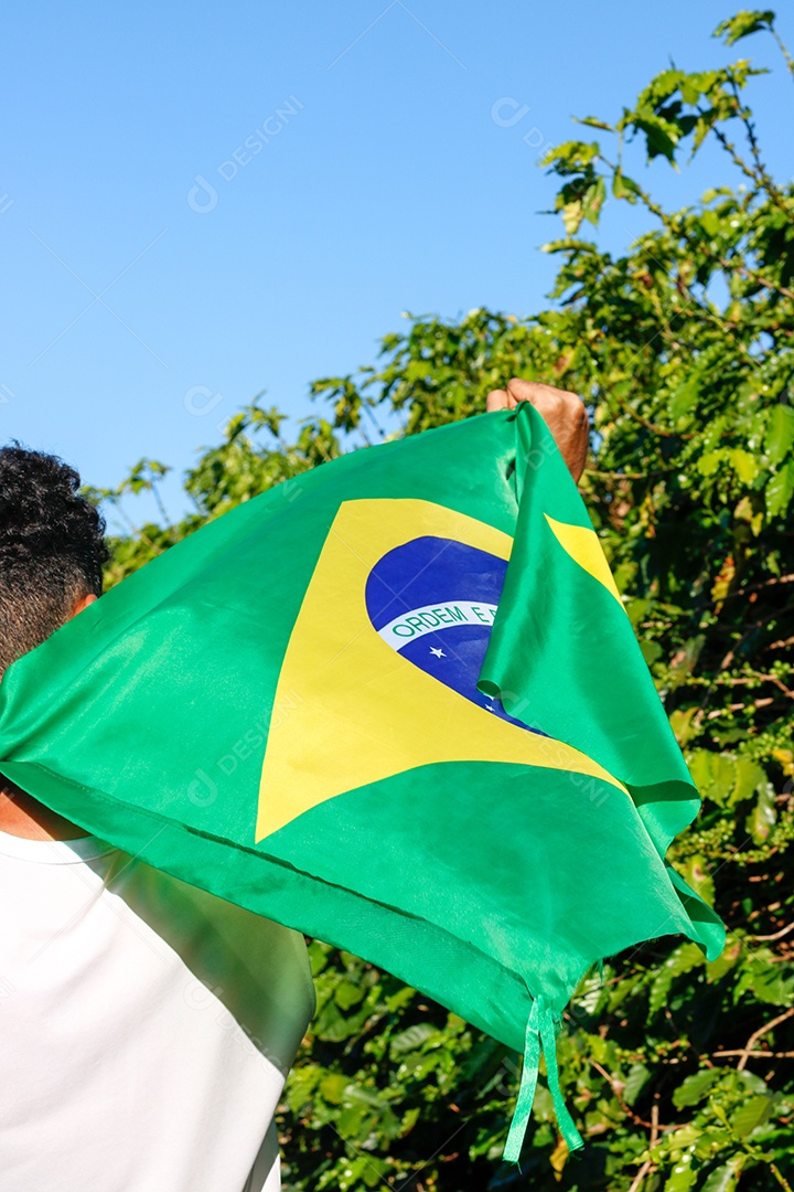 Segurando a bandeira brasileira ao vento