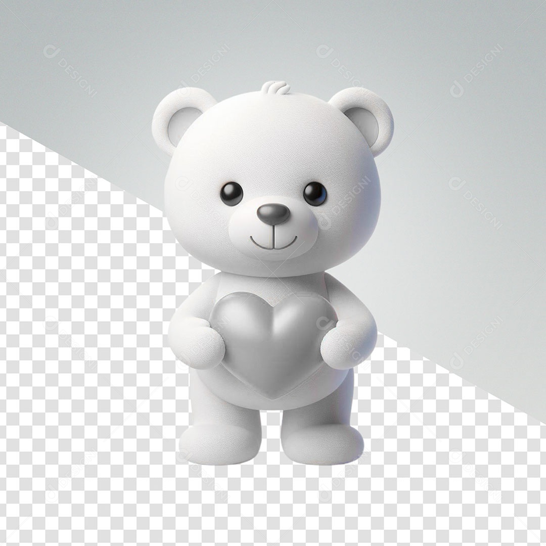 Ursinho com Coração Branco Elemento 3D para Composição PSD