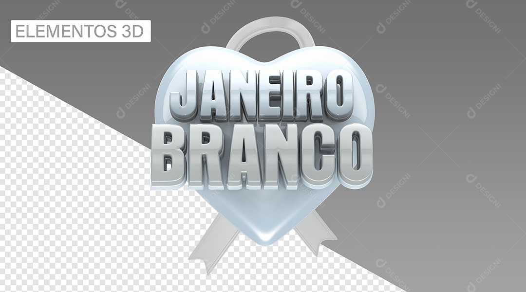 Fita e Coração Branco Elemento 3D de Janeiro Branco para Composição PSD